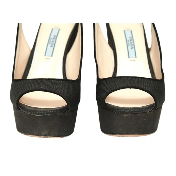 PRADA Black Pumps Platforms Sandals Slingback Fabric Brown Cork Heels Sz 36.5 - Picture 5 of 9